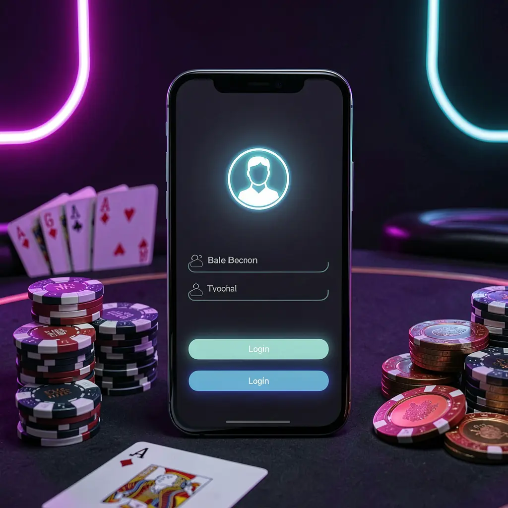 DABA8 casino app login scene on a smartphone with glowing user profile icon, surrounded by chips, cards, and coins against an elegant dark background with neon highlights