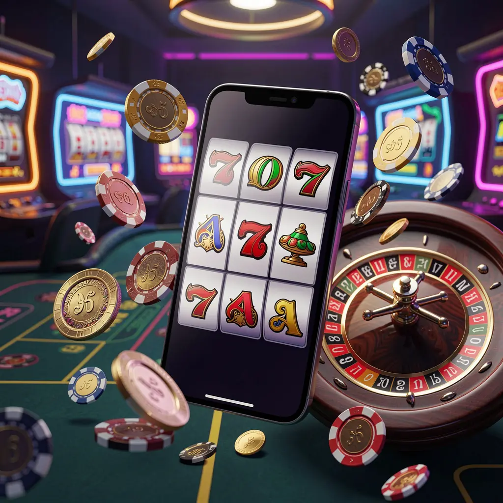 DABA8 casino entertainment homepage concept featuring a modern mobile phone surrounded by slot symbols, a roulette wheel, chips, and coins floating against a neon casino background in a premium 3D render